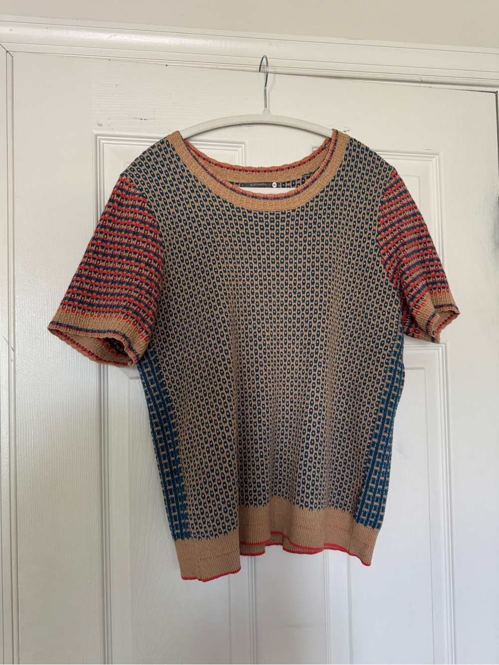 Anthropologie Knit Patterned Women’s Top in Beige, Blue & Red